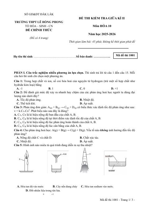Đề thi Giữa kì 2 Hóa học 10 năm 2025-2026 trường THPT số 1 Lê Hồng Phong (Đắk Lắk)